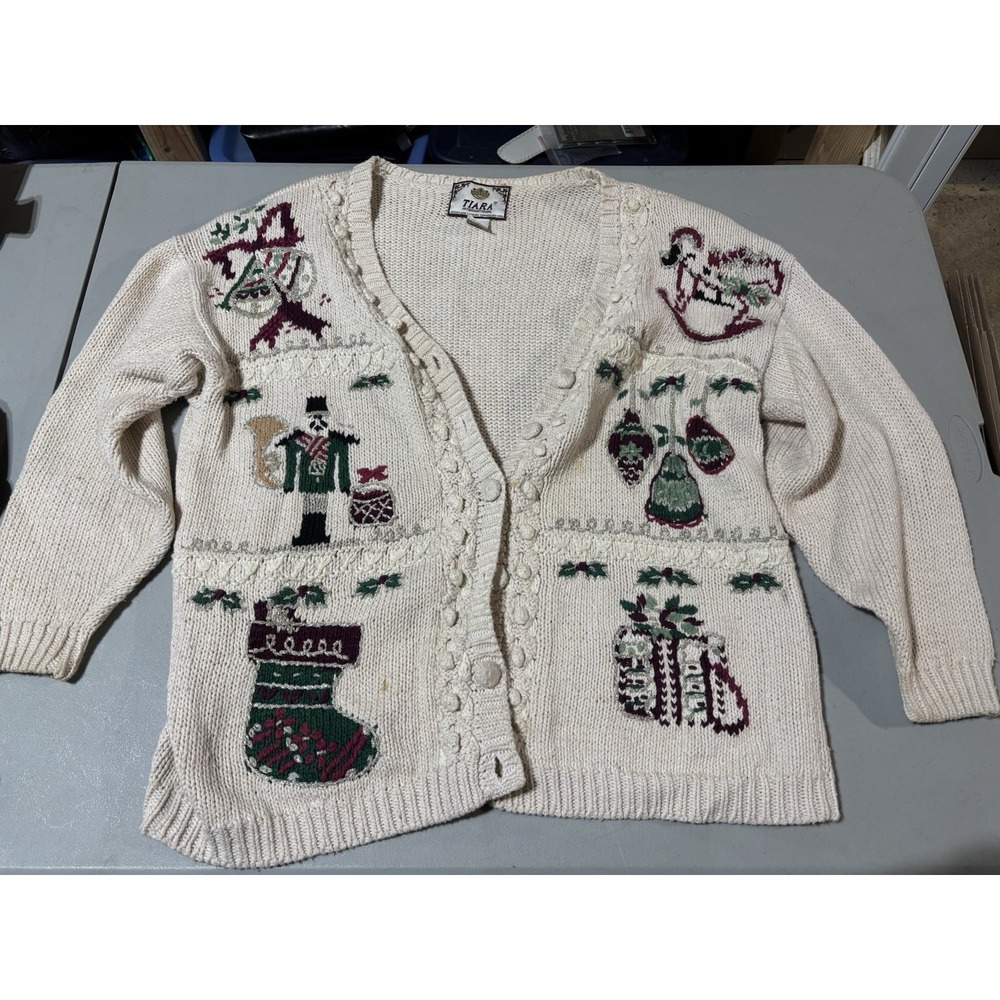 Vintage 90s Christmas Cardigan Sweater Embroidered Women's XL‎ Tiara Y2K